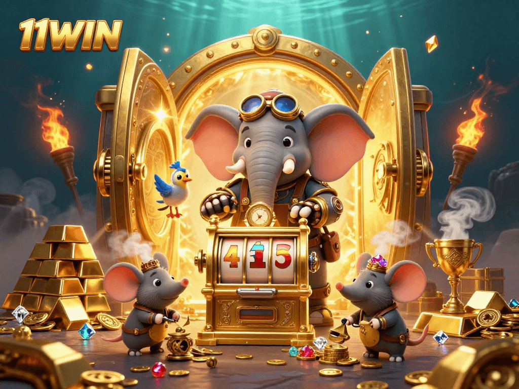 Engage with the exciting world of slots at 11WIN with a vibrant illustration featuring a steampunk elephant operating a golden slot machine.