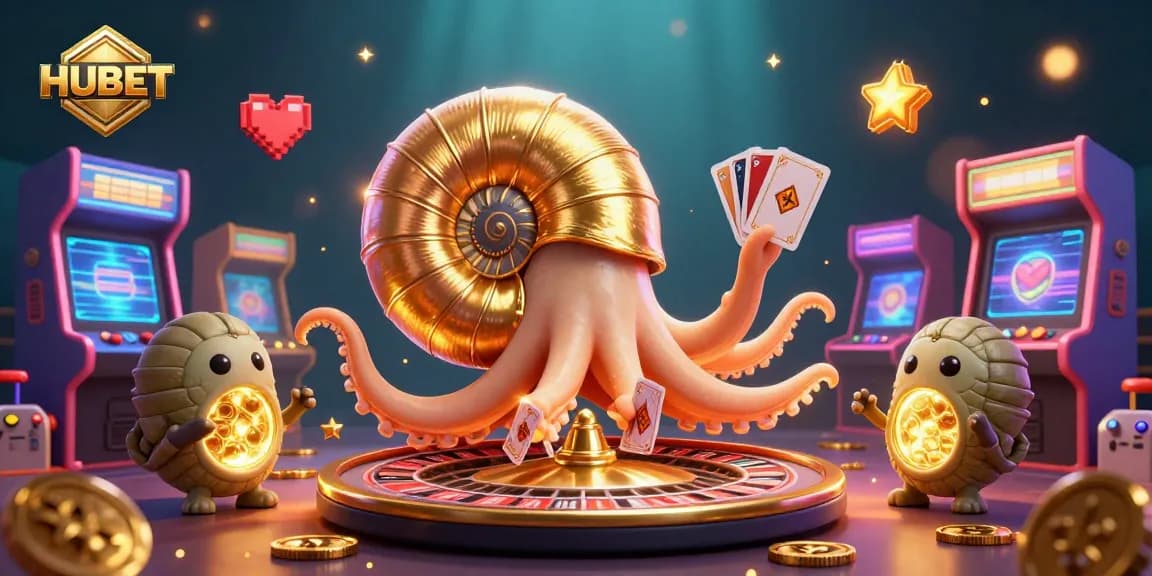Engage with the exciting world of HUBET's casino games amidst a lively 3D scene filled with colorful elements.