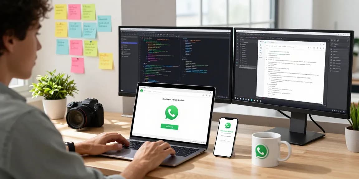 Downloading WhatsApp下載 on a modern workspace with tech gadgets and a user-friendly setup.