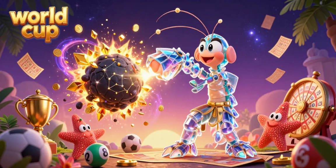 Experience the thrill of world cup betting with a vibrant 3D scene of galactic characters amidst sports betting elements.