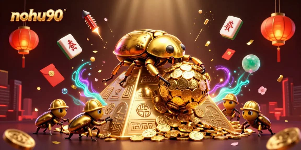 Nohu90 brings excitement to the virtual gambling scene with a vibrant casino illustration featuring a golden dung beetle.