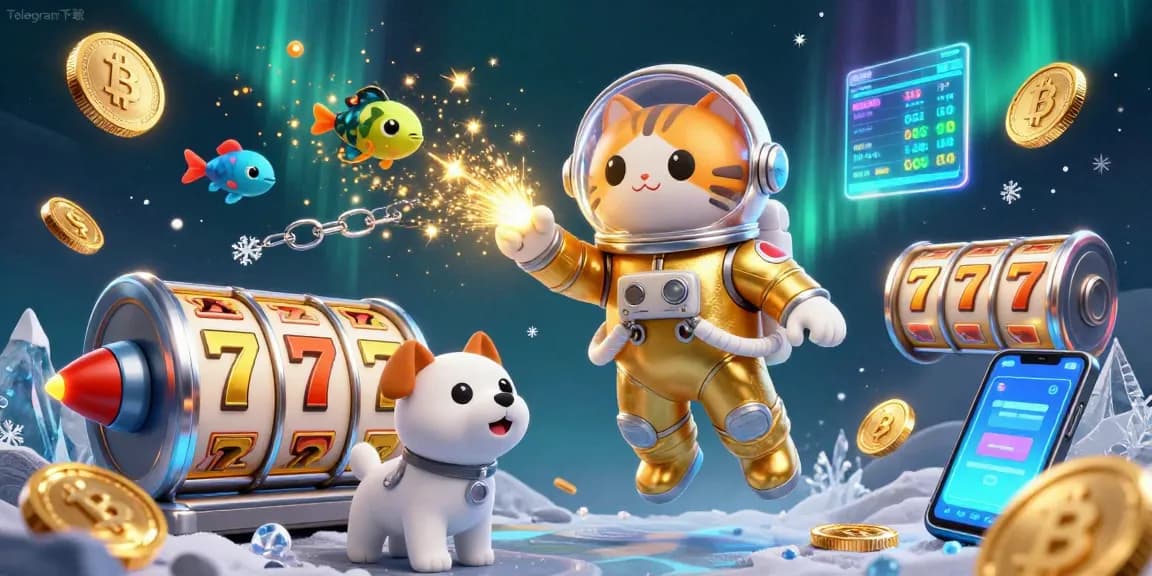 在令人惊叹的插图中，边探索生动的宇宙老虎机轮盘边使用Telegram下载玩游戏。