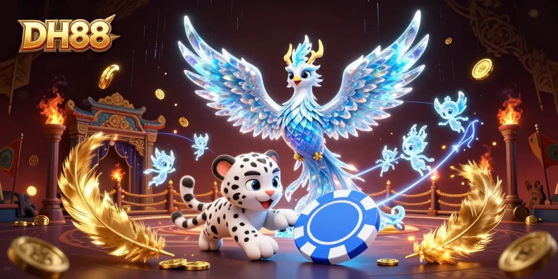 Engage in thrilling gameplay at DH88, featuring an ice phoenix, poker chips, and vibrant casino elements.