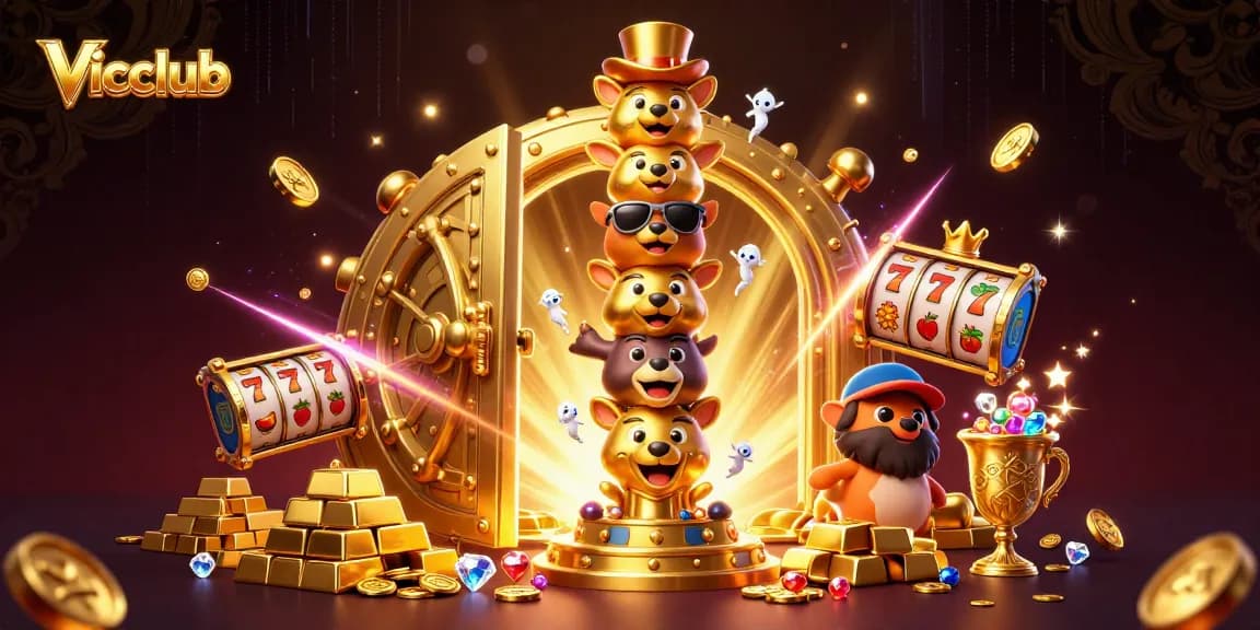 Vicclub showcases a vibrant casino scene with a totem pole and slot reels in dynamic action.