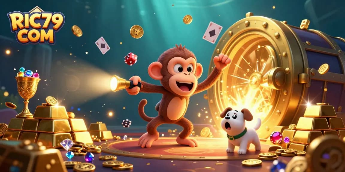 Experience the excitement at RIC79 COM with our vibrant casino scene featuring playful characters and treasure!