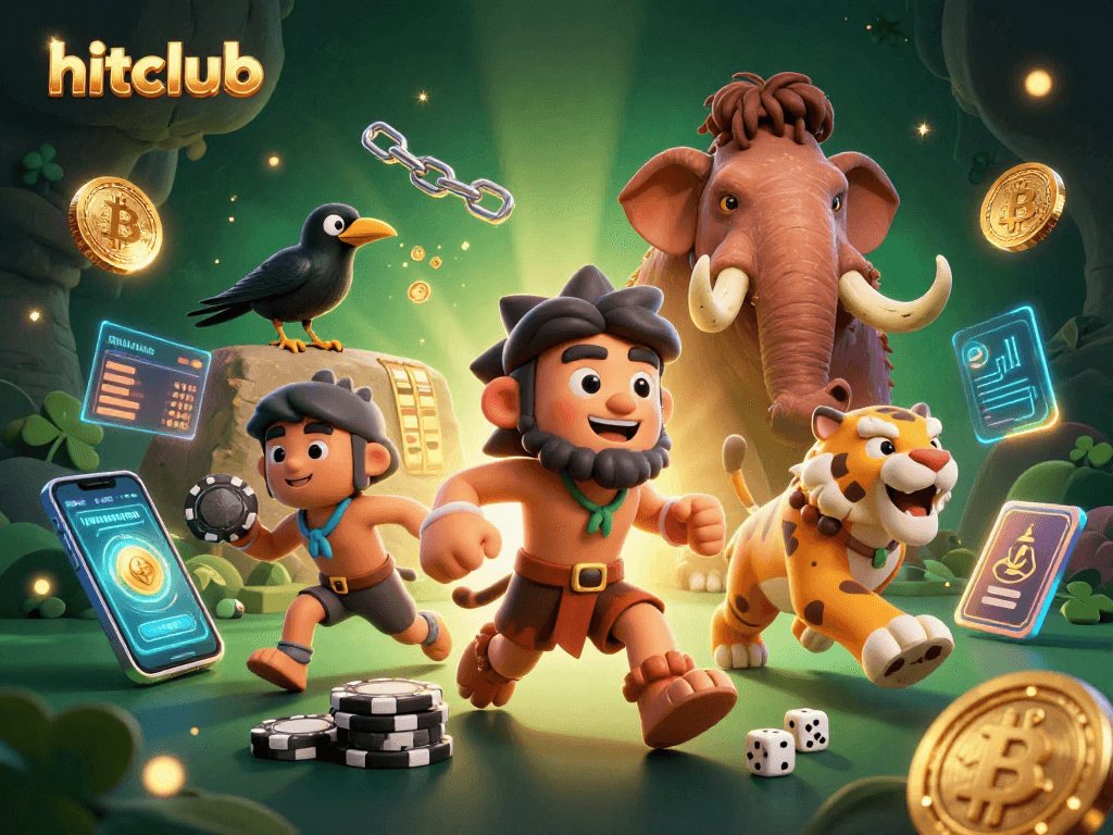 hitclub engages players with vibrant prehistoric casino illustration featuring crypto elements
