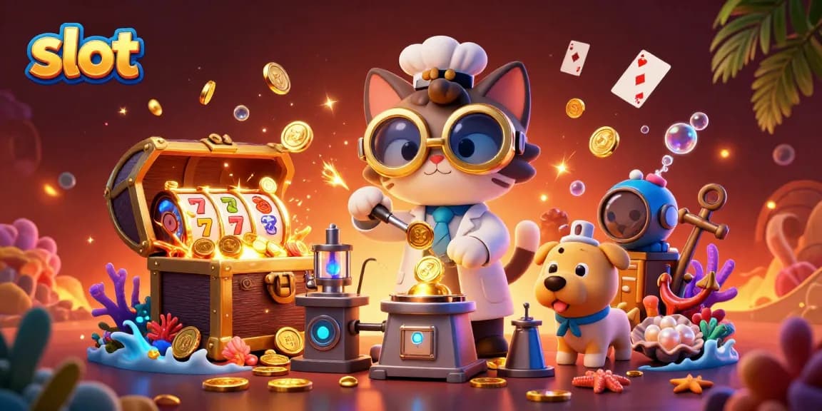 Spin the slots with excitement as a mad scientist cat and dog create coin magic amidst vibrant casino elements.