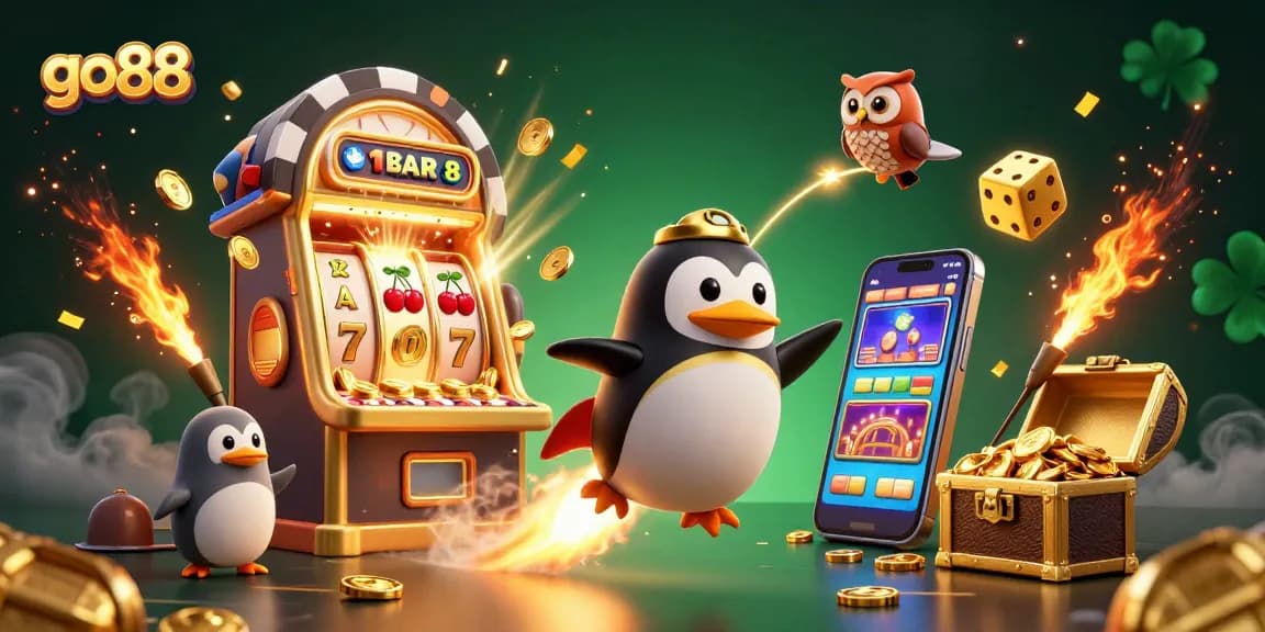 Experience the thrill of go88 casino with a lively 3D illustration showcasing a golden penguin and jackpot elements.