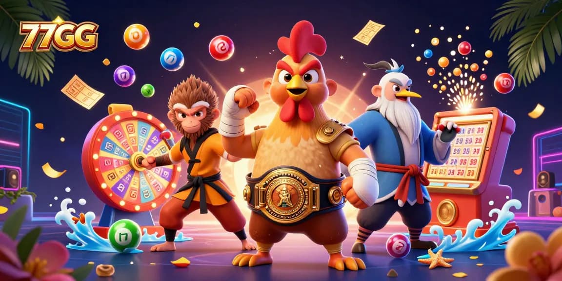 Engage with thrilling 77GG lottery gameplay featuring colorful balls, dynamic prizes, and vibrant characters.