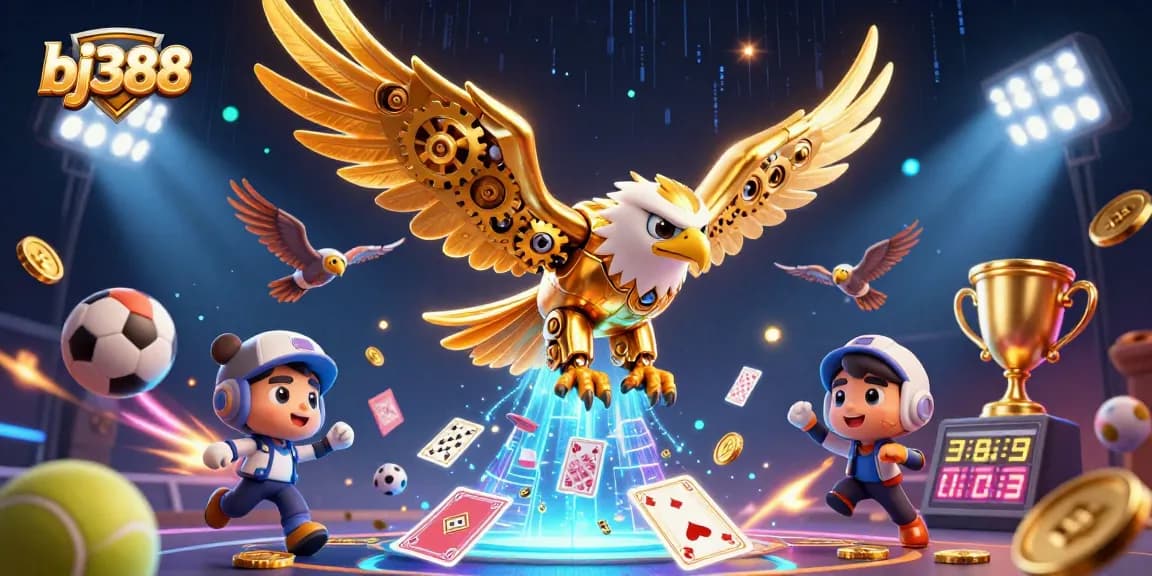 Experience thrilling bets with bj388's dynamic gaming scene featuring a cybernetic eagle and sports elements.