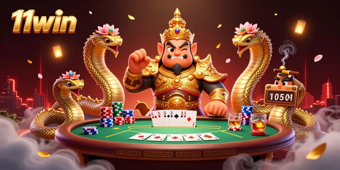 Engage in thrilling gameplay with 11win's vibrant poker scene featuring golden yaksha guardians.