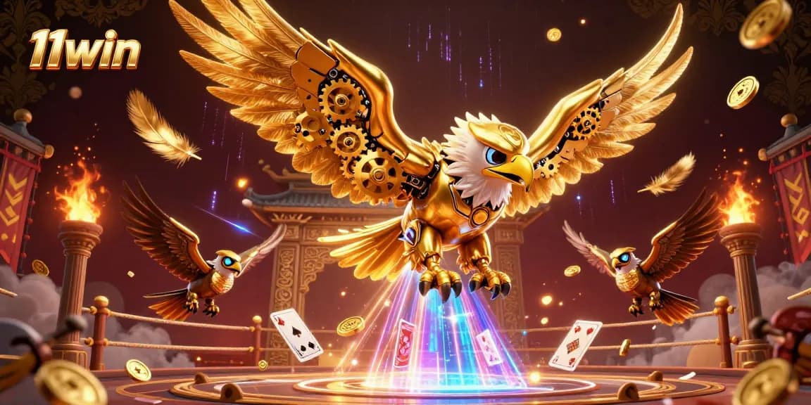 Experience thrilling 11win casino action with a dynamic scene featuring cybernetic eagles and holographic cards.