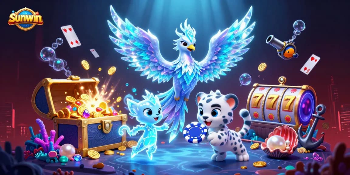 sunwin's 3D illustration showcases an ice phoenix and friendship in a vibrant casino scene