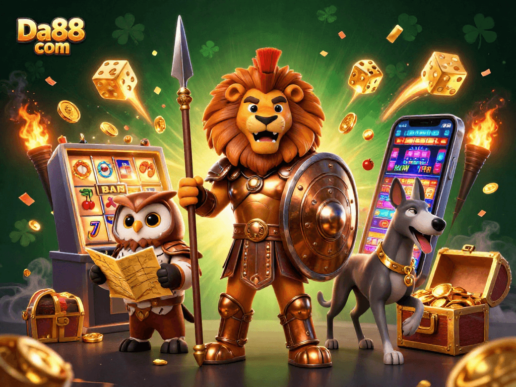 Experience thrilling wins with Da88 com in this vibrant 3D casino illustration full of action and excitement.