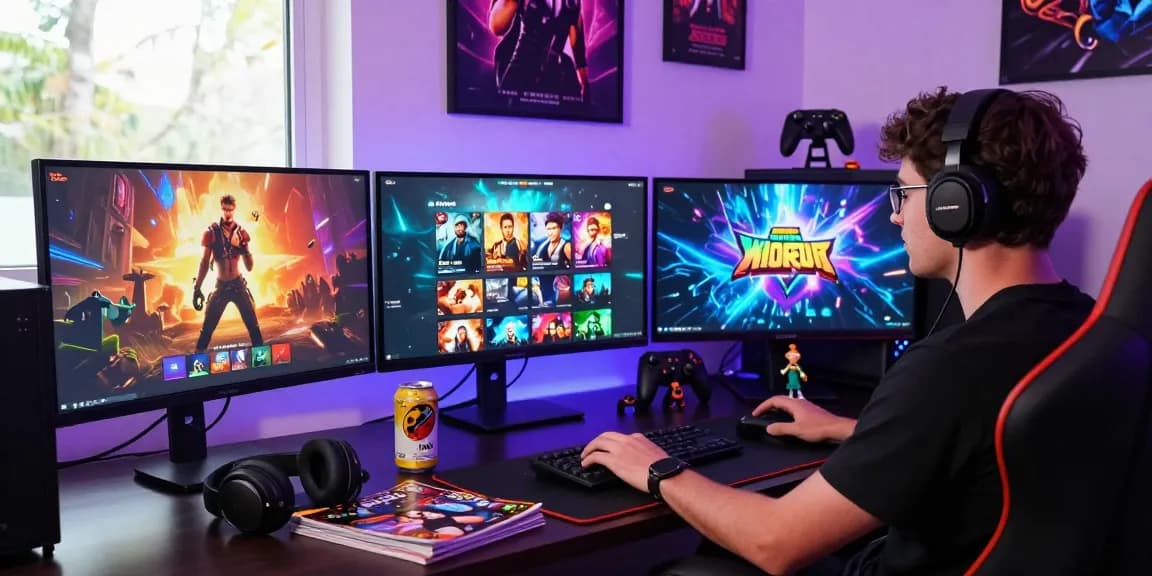 Engaging gamer playing immersive porn game at modern setup with vibrant screens, showcasing interactive adult game genres.