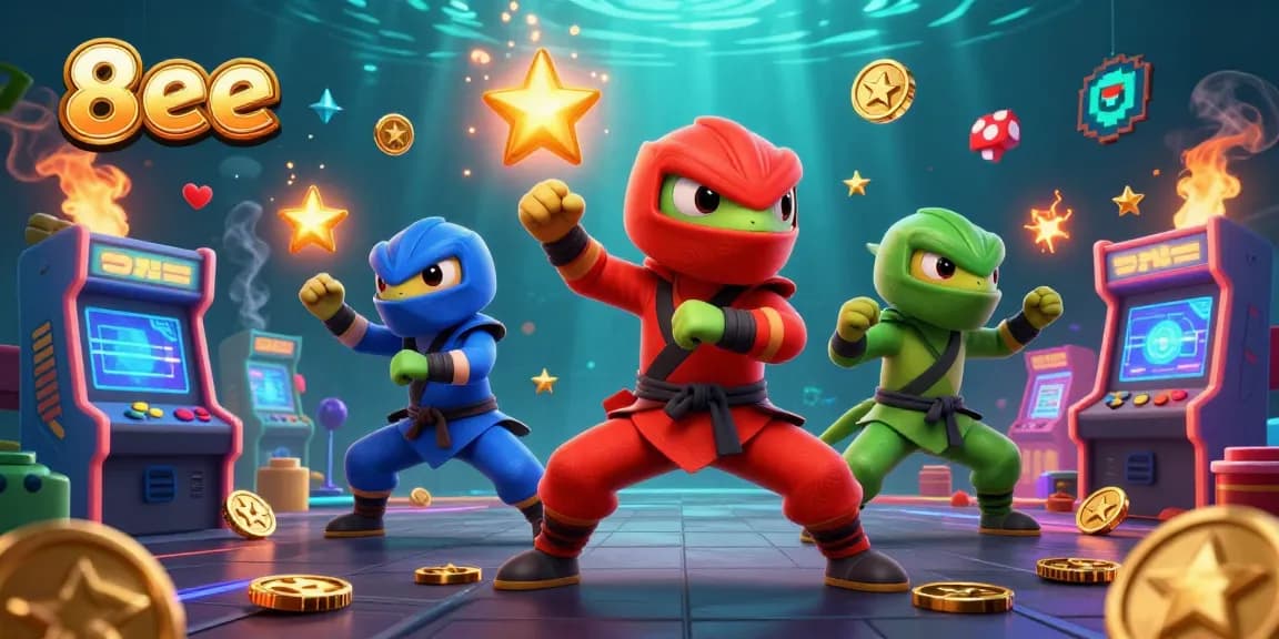 8eee ninja chameleons engage in casino-themed action with golden stars and arcade elements.