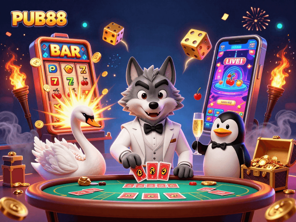 Experience the excitement of PUB88 with a debonair wolf and elegant characters at a vibrant casino scene.