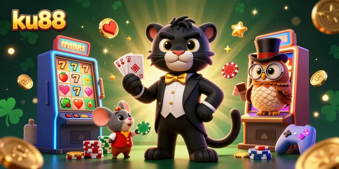 ku88 showcases an elegant black panther dealing cards, highlighting vibrant casino elements.