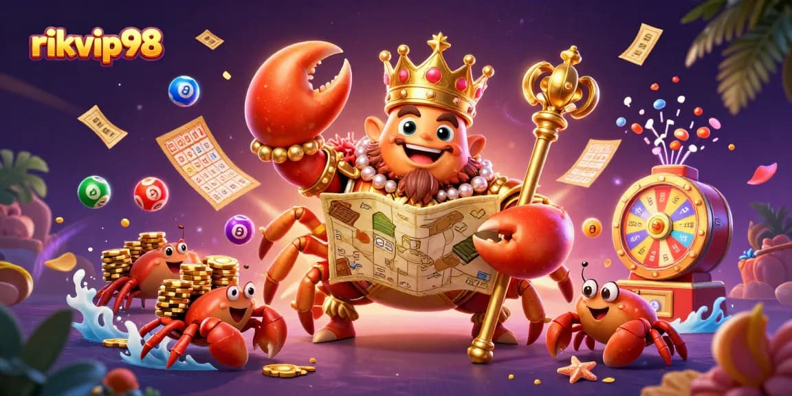Experience the lively atmosphere of rikvip98 with a golden crab emperor amidst vibrant gambling elements.