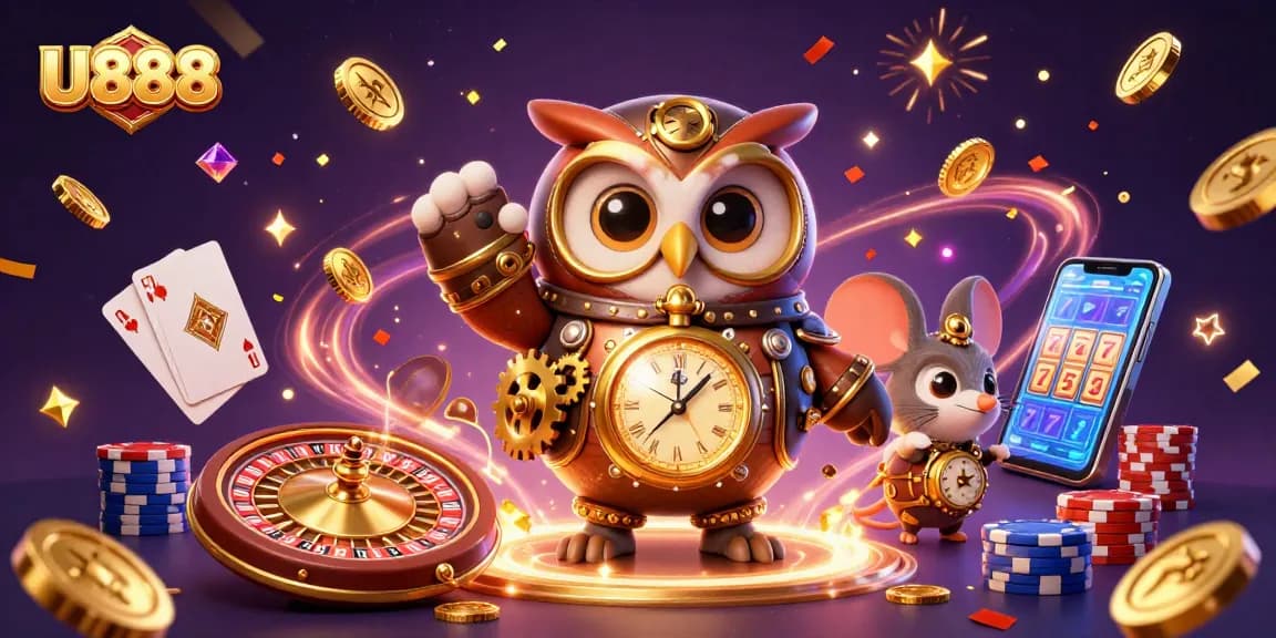 Experience U888's thrilling gaming world with vibrant characters and rich casino elements.