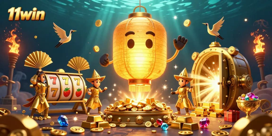 Experience excitement at 11win with a vibrant 3D casino scene filled with gold and dynamic game elements.