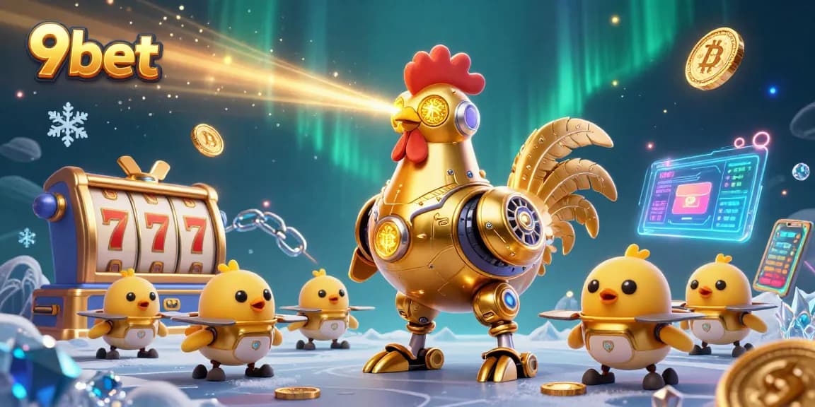 Engage with 9bet's thrilling online casino experience featuring futuristic characters and crypto elements.