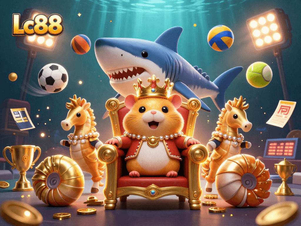 Join exciting games at Lc88, featuring a golden hamster king amidst sports and underwater elements.