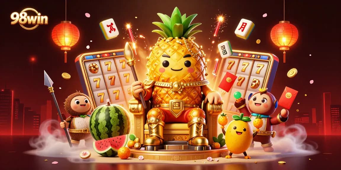 Experience thrilling slots action at 98win with vibrant casino elements surrounding the playful scene.