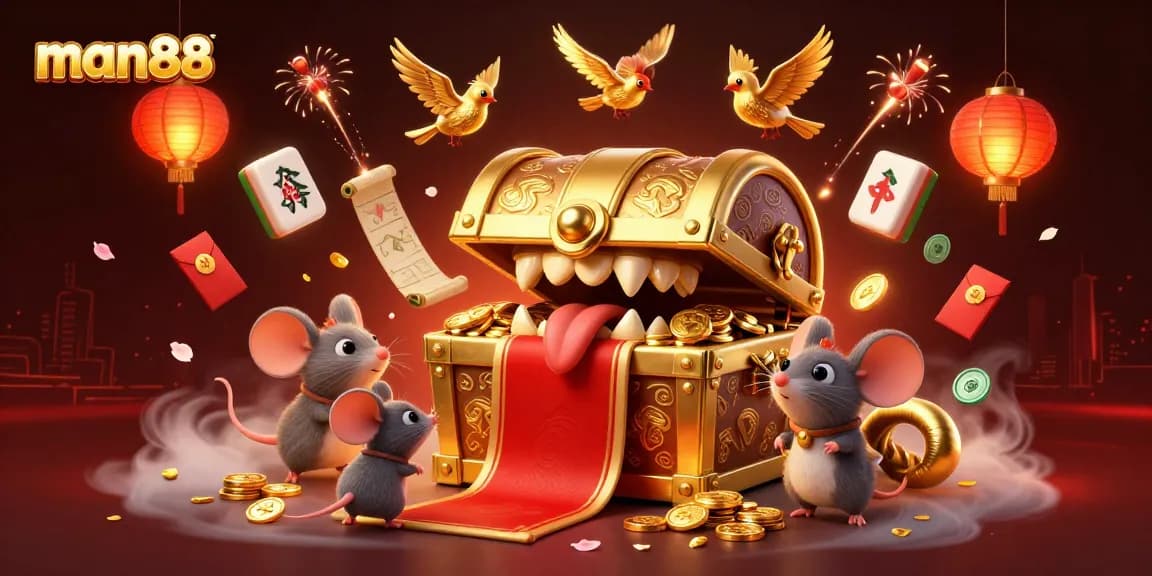 Engage with man88's dynamic casino world, featuring a treasure chest and glowing decorations.