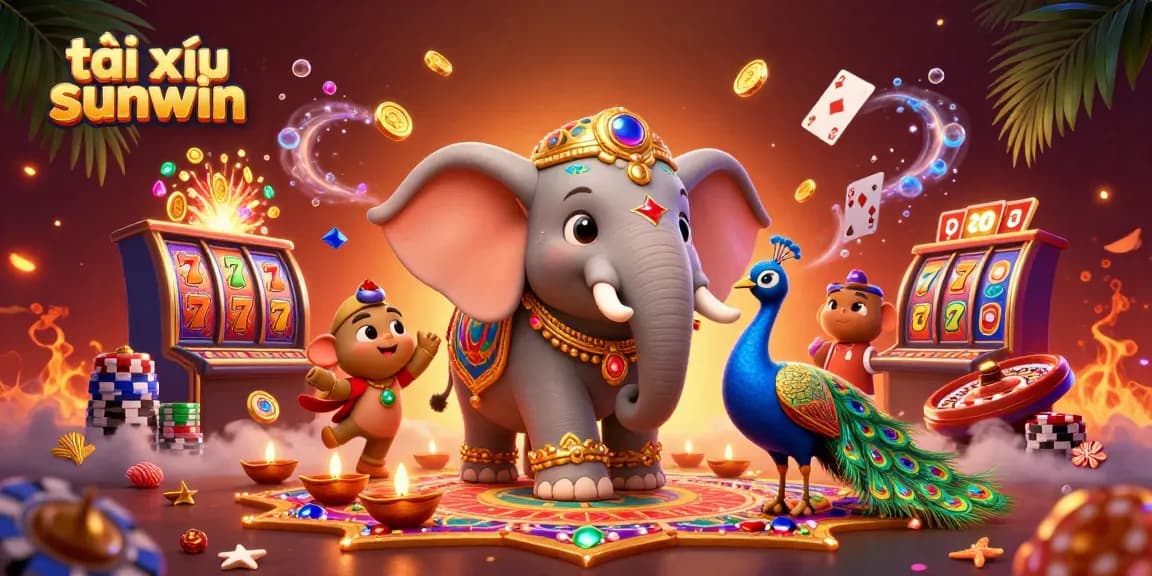 Play tài xỉu sunwin with fun 3D elephant and peacock in a vibrant casino scene.