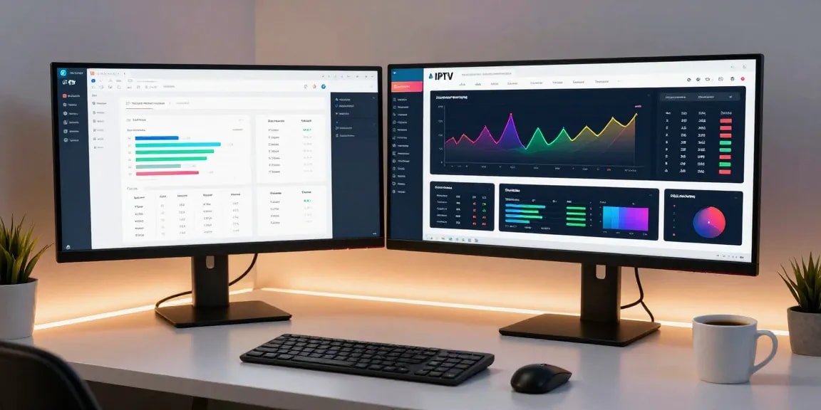 IPTV reseller panel management dashboard showcasing advanced software and analytics on multiple screens for enhanced business efficiency.