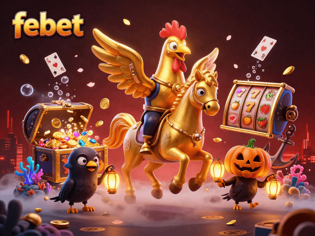 Experience febet's dynamic gaming world with a 3D illustration featuring a golden rooster in a casino