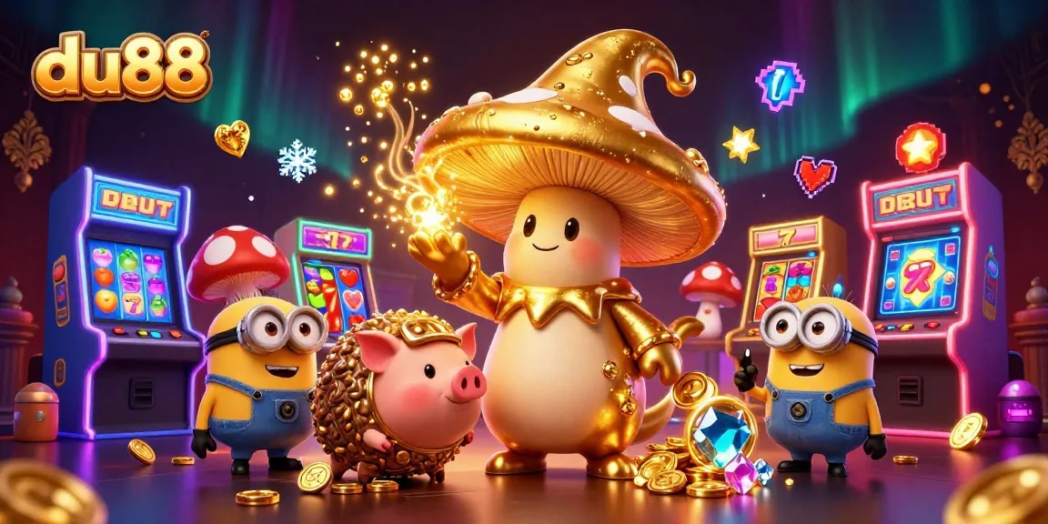 Embrace the magic of du88 with a lavish illustration of a golden mushroom wizard amid vibrant slot machine reels.