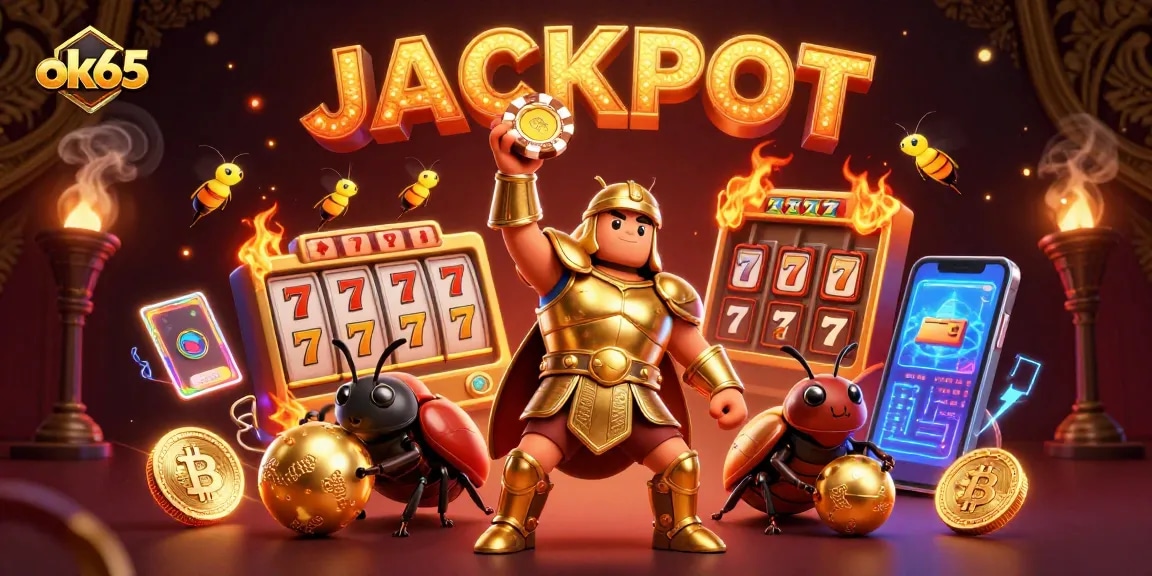 Engage with ok65 by spinning the jackpot wheel, as a victorious beetle celebrates its win!