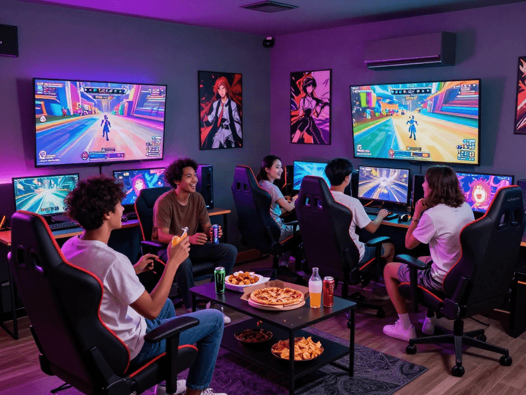 Friends enjoying a lively gaming session focused on a captivating hentai game with neon lights and snacks.