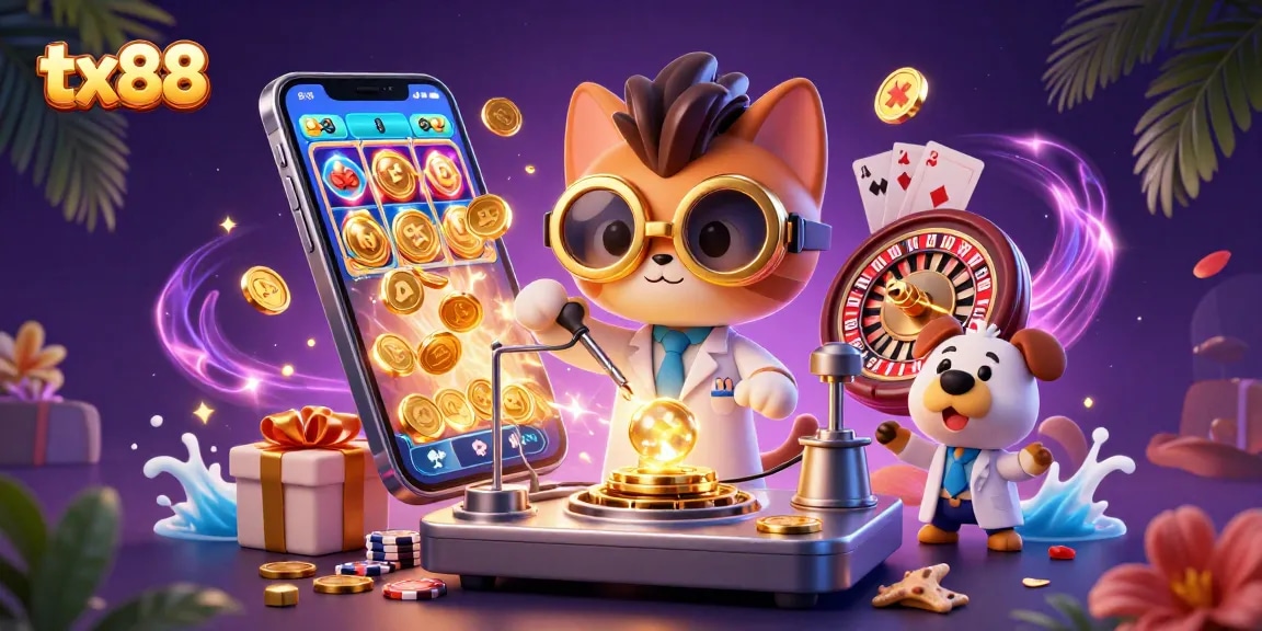 Experience tx88's vibrant gaming scene with animated characters and casino elements.