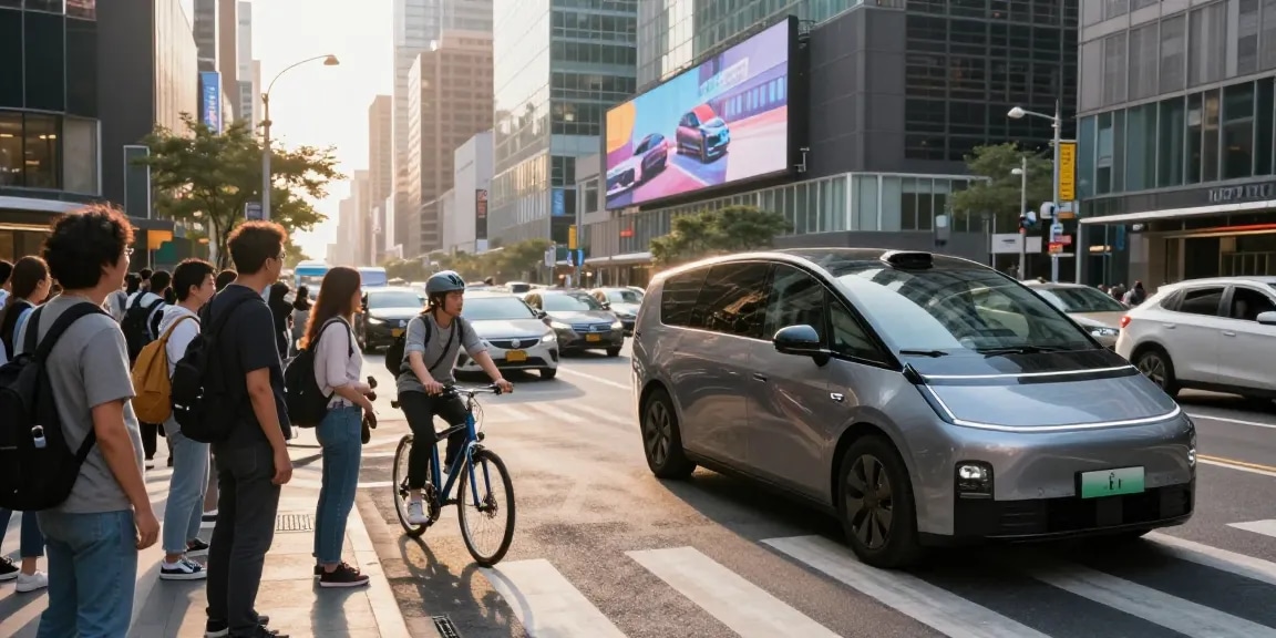 Autonomous driving vehicle smoothly navigating urban traffic, surrounded by pedestrians and cyclists in a vibrant cityscape.