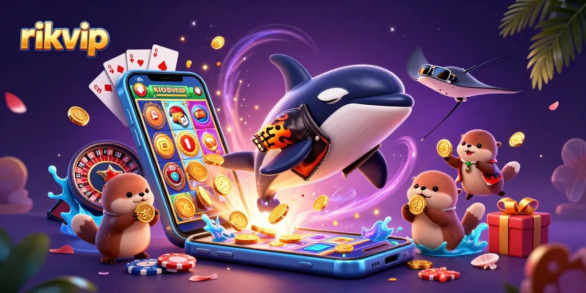 Experience exciting gameplay at rikvip with cartoon characters enjoying winning moments in a vibrant casino scene.