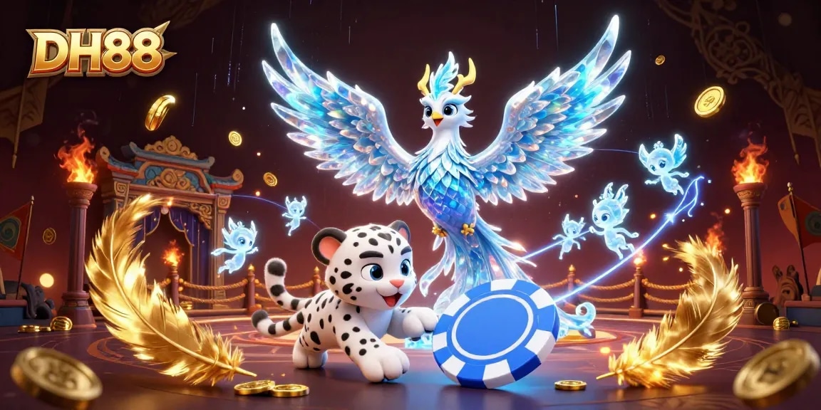 Engage in thrilling gameplay at DH88, featuring an ice phoenix, poker chips, and vibrant casino elements.