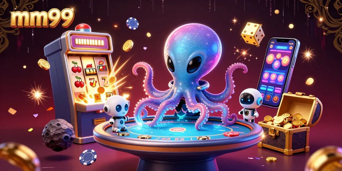 Experience thrilling gameplay at mm99, featuring vibrant 3D casino elements and an engaging alien octopus.