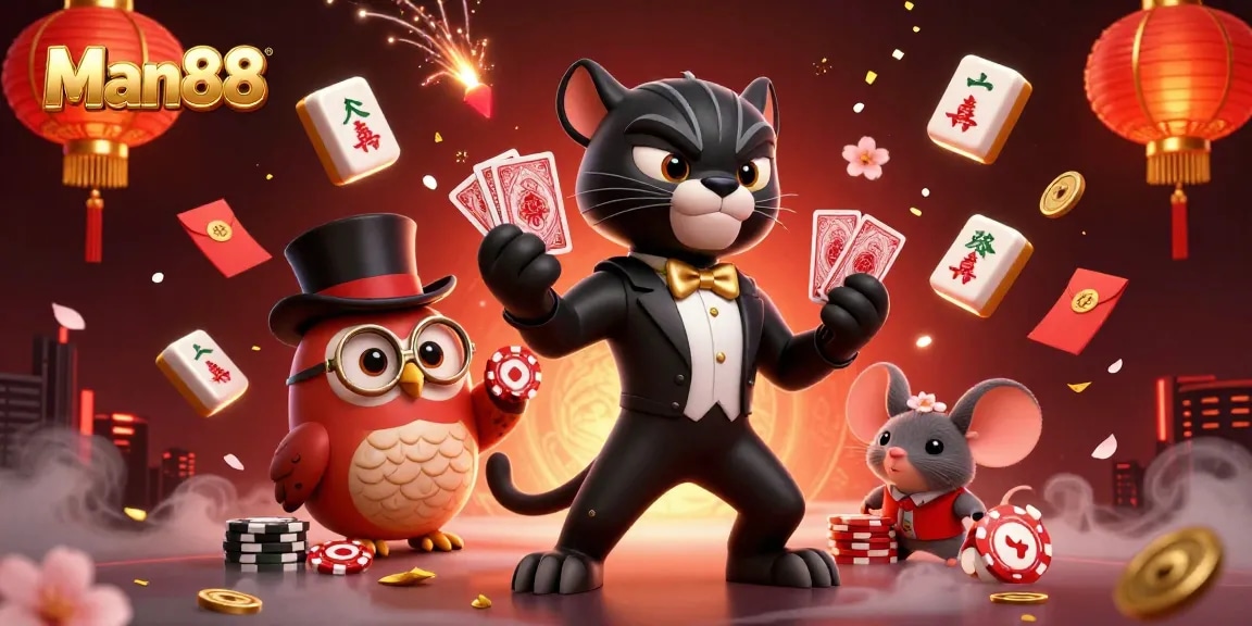 Experience vibrant casino excitement with Man88's lively 3D gambling characters and game elements.