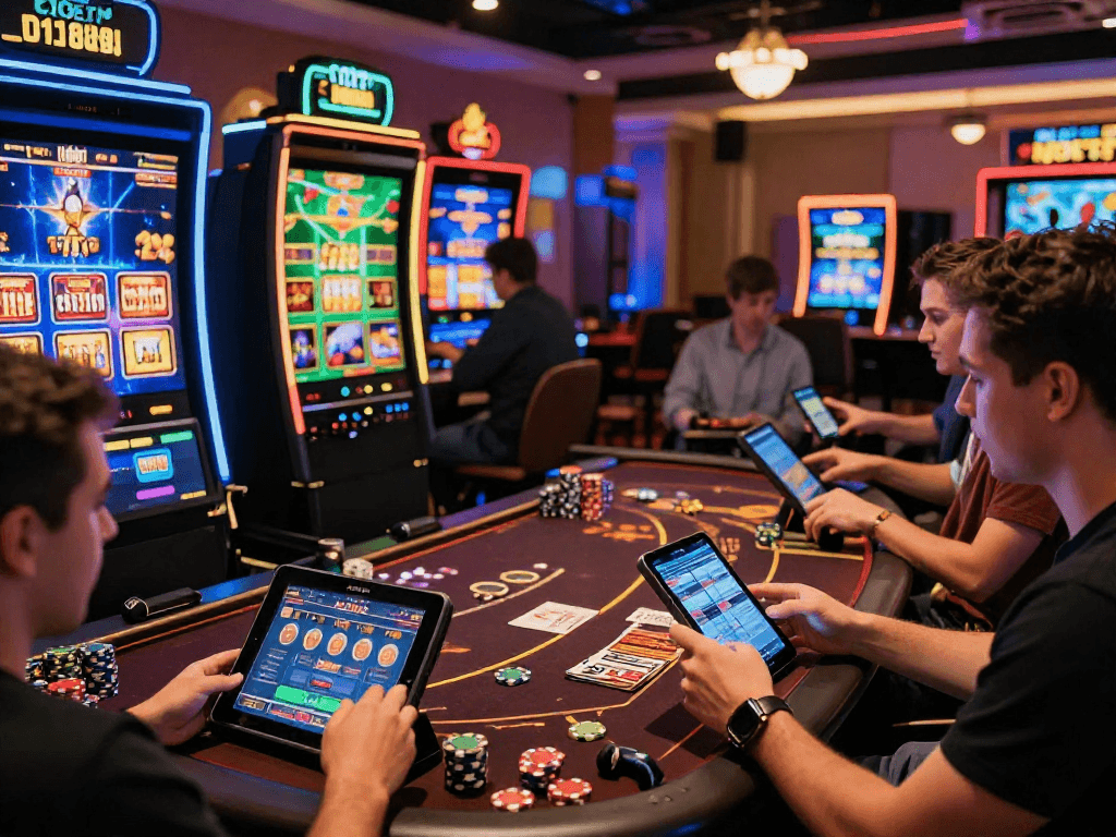Exciting gaming scene at GB 444 online casino with players engaged in slots and live dealer games, showcasing a vibrant atmosphere.