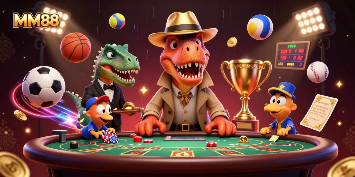MM88 illustrates a velociraptor card counter at a blackjack table in a vibrant casino scene.