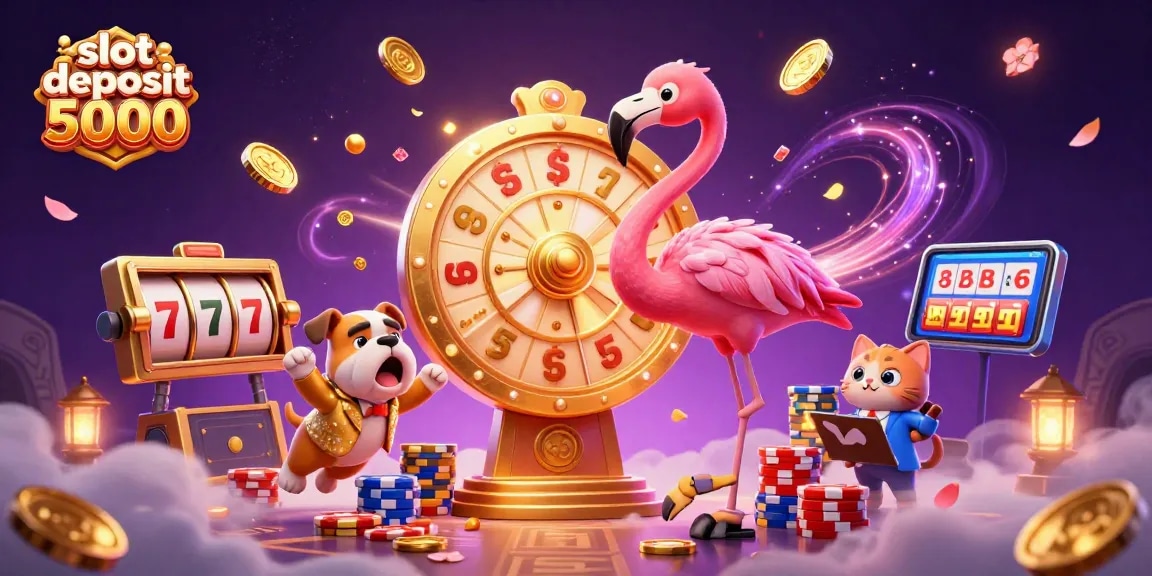 Experience the excitement of slot deposit 5000 with a vibrant 3D illustration featuring a game show host and winning elements.