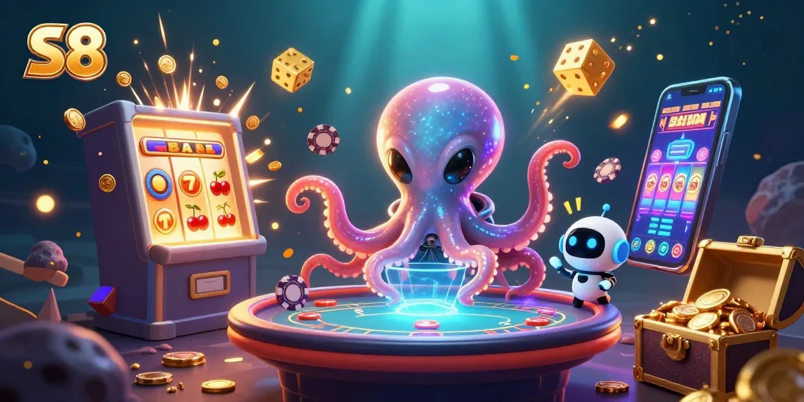 S8 engages players with vibrant gambling action featuring an octopus and tiny robot at a holographic table.
