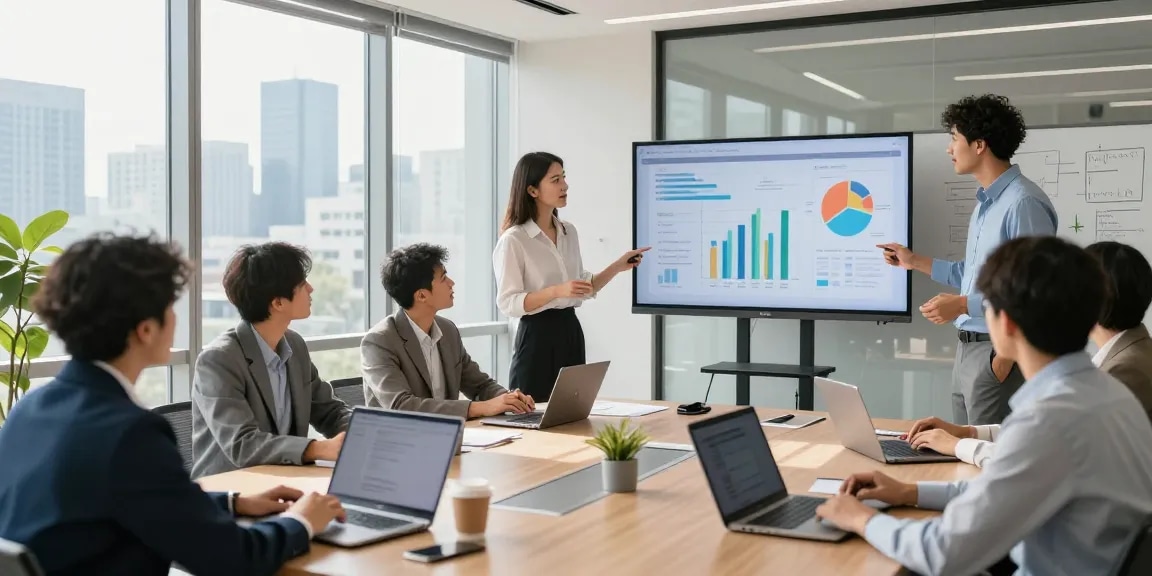 Team collaborates on a business phone system presentation in a modern office, showcasing teamwork and professional atmosphere.
