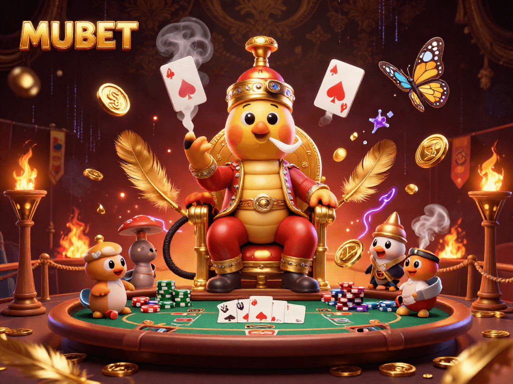 Experience MUBET's vibrant casino scene with a caterpillar hookah-master, poker symbols, and rich details.