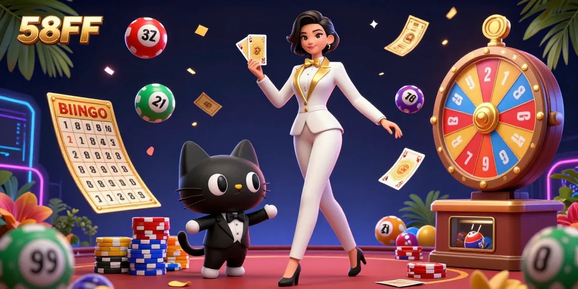Engage in exciting gaming with 58FF, featuring dynamic lottery balls and golden poker elements.