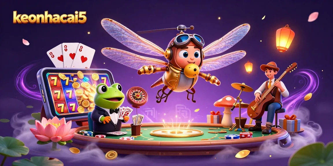 Engage with keonhacai5 in a vibrant casino scene featuring dragonfly pilot, frog croupier, and jazz musicians.