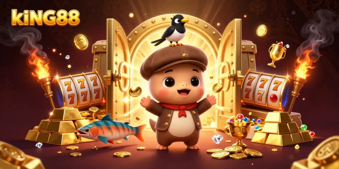 Experience the excitement of kING88 with playful characters discovering treasures and jackpots in a vibrant casino scene.